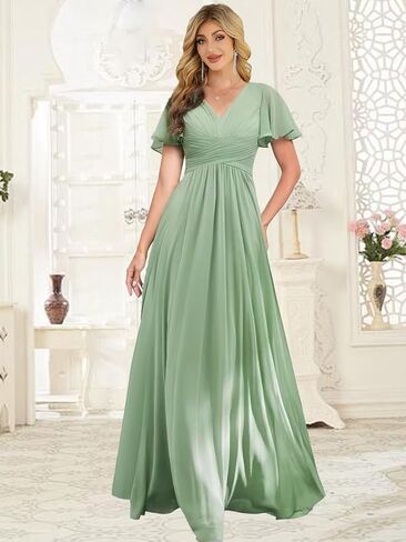 Women‘s Flutter Sleeve Bridesmaid Dresses Chiffon High Split V Neck Formal Dresses Long with Pockets in Saudi Arabia