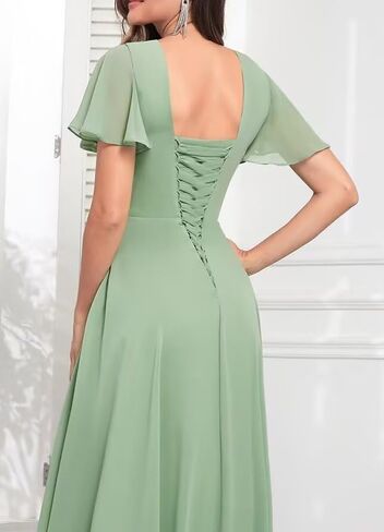 Women‘s Flutter Sleeve Bridesmaid Dresses Chiffon High Split V Neck Formal Dresses Long with Pockets in Saudi Arabia
