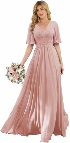 Women‘s Flutter Sleeve Bridesmaid Dresses Chiffon High Split V Neck Formal Dresses Long with Pockets in Saudi Arabia