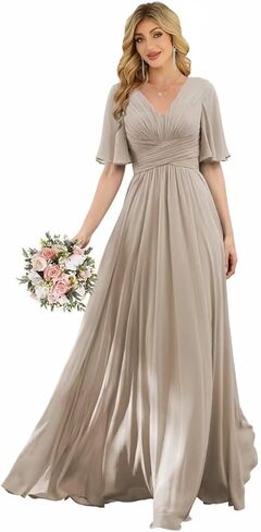 Women‘s Flutter Sleeve Bridesmaid Dresses Chiffon High Split V Neck Formal Dresses Long with Pockets in Saudi Arabia