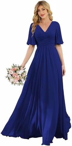 Women‘s Flutter Sleeve Bridesmaid Dresses Chiffon High Split V Neck Formal Dresses Long with Pockets in Saudi Arabia