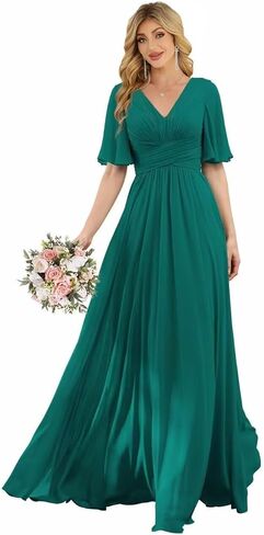 Women‘s Flutter Sleeve Bridesmaid Dresses Chiffon High Split V Neck Formal Dresses Long with Pockets in Saudi Arabia