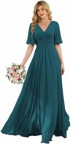 Women‘s Flutter Sleeve Bridesmaid Dresses Chiffon High Split V Neck Formal Dresses Long with Pockets in Saudi Arabia