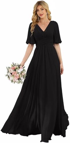 Women‘s Flutter Sleeve Bridesmaid Dresses Chiffon High Split V Neck Formal Dresses Long with Pockets in Saudi Arabia