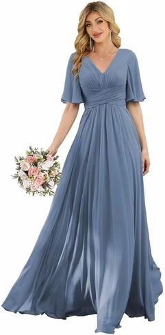 Women‘s Flutter Sleeve Bridesmaid Dresses Chiffon High Split V Neck Formal Dresses Long with Pockets in Saudi Arabia