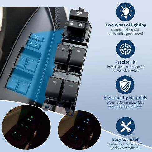مفتاح رئيسي لنافذة الطاقة مع إضاءة خلفية LED ومفتاح ألوان (يناسب 84040-33100/06020/0N020) - متوافق مع 2008-2019 Toyota Land Cruiser، Camry، Prius، 4Runner، Lexus CT200h والمزيد | تتضمن أداة حدق in Kuwait