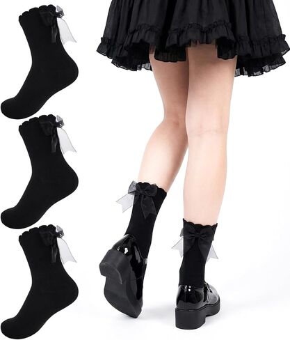 Fengek 3 Pairs Women’s Ruffle Frilly Ankle Socks with Bows, Cute Princess & Lolita Style Sheer Ribbon Socks for All Seasons in Saudi Arabia