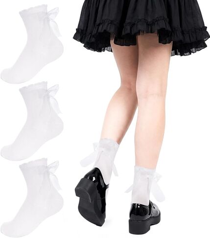 Fengek 3 أزواج من الجوارب النسائية المكشكشة للكاحل مع فيونكات، جوارب شفافة بنمط الأميرة ولوليتا اللطيفة لجميع المواسم in Kuwait