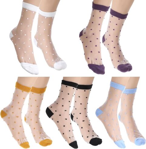 Yolev 5 Pairs Sheer Polka Dot Socks Ultra Thin Womens Sheer Sock Cute See Through Socks 5 Colors Ankle Sock for Women in Saudi Arabia
