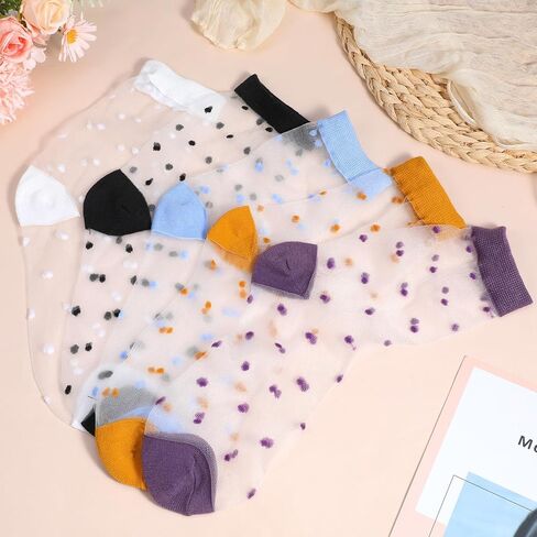 Yolev 5 Pairs Sheer Polka Dot Socks Ultra Thin Womens Sheer Sock Cute See Through Socks 5 Colors Ankle Sock for Women in Saudi Arabia