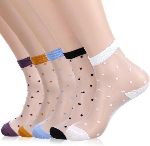 Yolev 5 Pairs Sheer Polka Dot Socks Ultra Thin Womens Sheer Sock Cute See Through Socks 5 Colors Ankle Sock for Women in Saudi Arabia