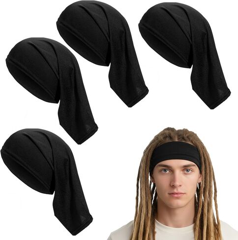 4 Pack Loc Socks & Dreadlock Headbands - Extra Wide Soft Spandex Tube Socks for Locs, Dreads, Braids & Long Hair | Unisex Sweat-Wicking Breathable Head Wrap Cap for Women & Men Black in Kuwait