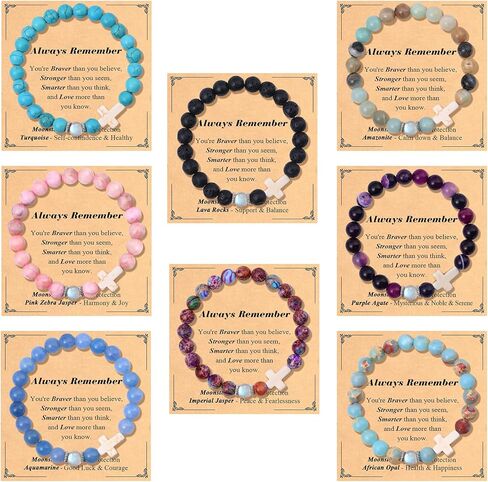Giovanchi 8 Pcs Christian Easter Gifts for Men Women Moonstone Cross Bracelet, Easter Baptism Valentine's Day Religious Gifts for Him Her Friends Dad Mom, Crystal Beaded Bracelets for Women Men in Kuwait