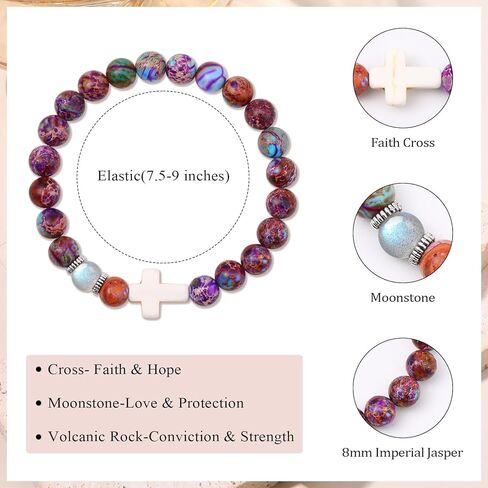 Giovanchi 8 Pcs Christian Easter Gifts for Men Women Moonstone Cross Bracelet, Easter Baptism Valentine's Day Religious Gifts for Him Her Friends Dad Mom, Crystal Beaded Bracelets for Women Men in Kuwait