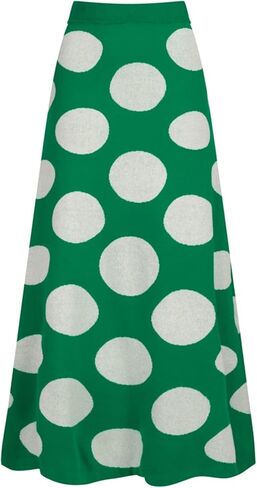 OXKnit Knittd Midi Skirts for Women, 1960s Mod Style Casual Retro Polka Dots High Waist A Line Cotton Green Skirts in Kuwait