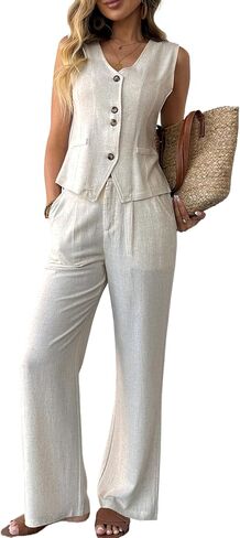 Women's 2 Piece Outfits Cotton Linen Vest Waistcoat Dressy Casual Sets Summer Wide Leg Pants Suits in Saudi Arabia