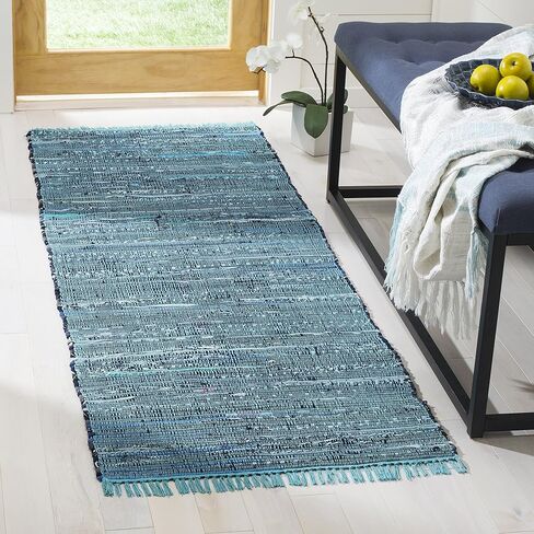 سجادة SAFAVIEH Rag Rug Collection - 2'3" x 7'، زرقاء ومتعددة، قطن مخطط بوهو مصنوع يدويًا، مثالية للمناطق ذات حركة المرور العالية في غرفة المعيشة وغرفة النوم (RAR121B) in Saudi Arabia