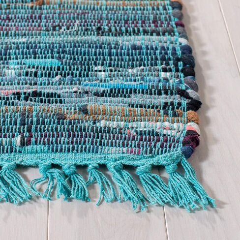 سجادة SAFAVIEH Rag Rug Collection - 2'3" x 7'، زرقاء ومتعددة، قطن مخطط بوهو مصنوع يدويًا، مثالية للمناطق ذات حركة المرور العالية في غرفة المعيشة وغرفة النوم (RAR121B) in Saudi Arabia