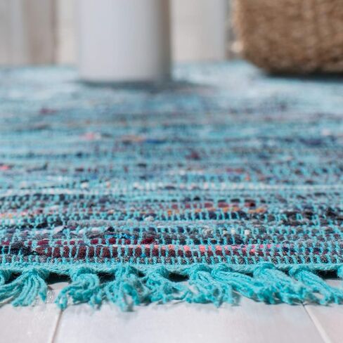 سجادة SAFAVIEH Rag Rug Collection - 2'3" x 7'، زرقاء ومتعددة، قطن مخطط بوهو مصنوع يدويًا، مثالية للمناطق ذات حركة المرور العالية في غرفة المعيشة وغرفة النوم (RAR121B) in Saudi Arabia