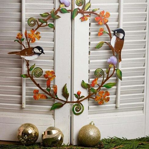 Stainless Steel Wreath for Front Door, Flowers Wreath Wall Art Bird Garland Metal Hanging Wreath for Door Wall Farmhouse Decoration, Chickadees Flowers Wreath Bird Garland Metal in Saudi Arabia