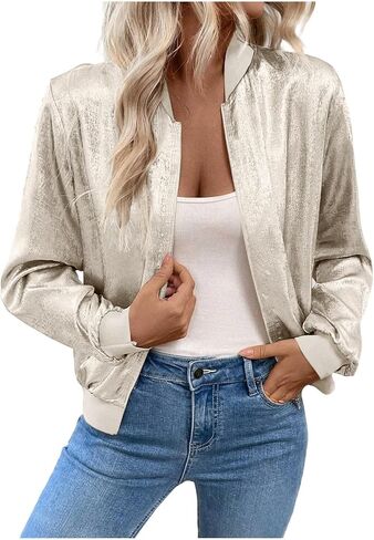 Shiny Bomber Jacket Women Metallic Zipper Bomber Jacket Outwear Long Sleeve Lightweight Jacket Coats in Saudi Arabia