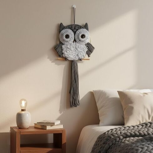 ACEDSGN Macrame Owl Wall Hanging Boho Dream Catcher, Handmade Tapestry Fiber Art Wall Decor for Nursery Bedroom Living Room, Sustainable Gift for Owl Lovers & Nature Fans - Gray in Saudi Arabia