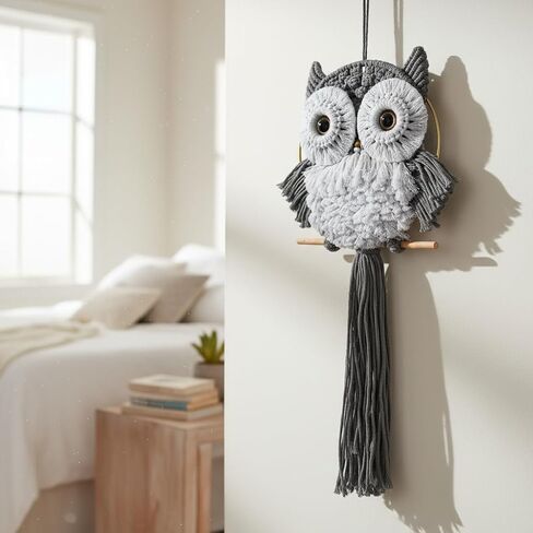 ACEDSGN Macrame Owl Wall Hanging Boho Dream Catcher, Handmade Tapestry Fiber Art Wall Decor for Nursery Bedroom Living Room, Sustainable Gift for Owl Lovers & Nature Fans - Gray in Saudi Arabia