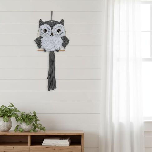 ACEDSGN Macrame Owl Wall Hanging Boho Dream Catcher, Handmade Tapestry Fiber Art Wall Decor for Nursery Bedroom Living Room, Sustainable Gift for Owl Lovers & Nature Fans - Gray in Saudi Arabia