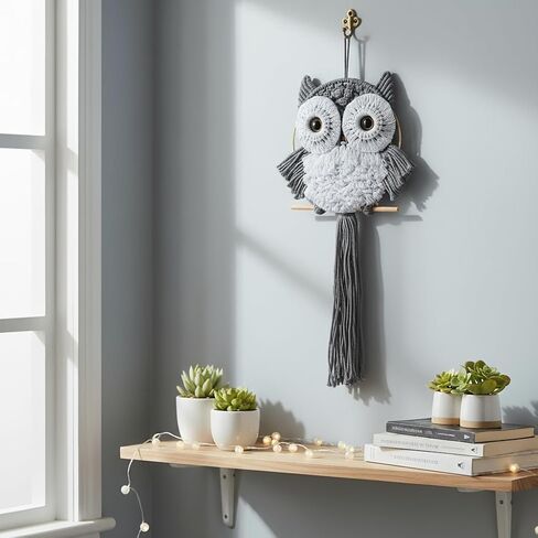 ACEDSGN Macrame Owl Wall Hanging Boho Dream Catcher, Handmade Tapestry Fiber Art Wall Decor for Nursery Bedroom Living Room, Sustainable Gift for Owl Lovers & Nature Fans - Gray in Saudi Arabia