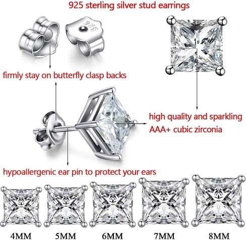 TTVOVO Sterling Silver Square Stud Earrings, 8MM, 2.0ct CZ, 925 Stamped, Hypoallergenic, Perfect for Women & Men in Saudi Arabia