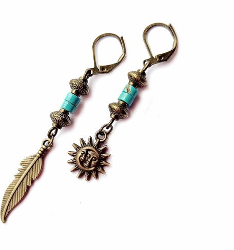 Bronze Turquoise Men Earrings Set of Two Feather Sun and Moon - Single Hippie Hoop Earrings Gemstone - Dangle Pirate Men's Earring - Tribal Man Earring in Kuwait