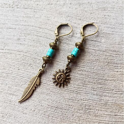 Bronze Turquoise Men Earrings Set of Two Feather Sun and Moon - Single Hippie Hoop Earrings Gemstone - Dangle Pirate Men's Earring - Tribal Man Earring in Kuwait