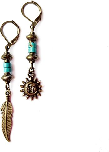 Bronze Turquoise Men Earrings Set of Two Feather Sun and Moon - Single Hippie Hoop Earrings Gemstone - Dangle Pirate Men's Earring - Tribal Man Earring in Kuwait