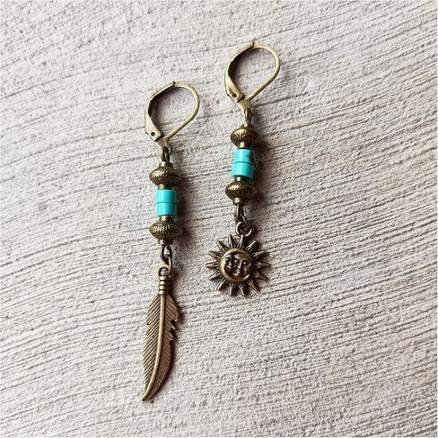 Bronze Turquoise Men Earrings Set of Two Feather Sun and Moon - Single Hippie Hoop Earrings Gemstone - Dangle Pirate Men's Earring - Tribal Man Earring in Kuwait