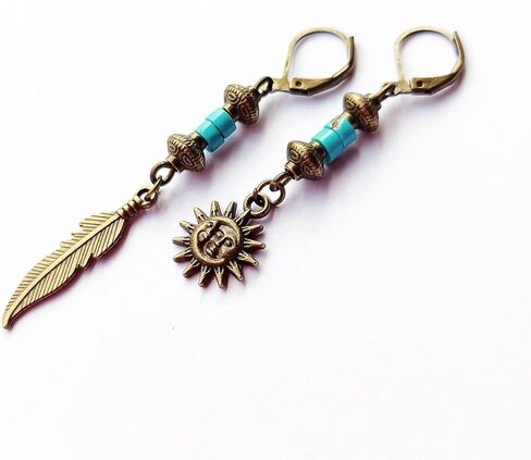 Bronze Turquoise Men Earrings Set of Two Feather Sun and Moon - Single Hippie Hoop Earrings Gemstone - Dangle Pirate Men's Earring - Tribal Man Earring in Kuwait