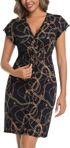 Nightgowns for Women Short Sleeve Night Gown V Neck Sleepwear Soft Drawstring Nightgown Print House Dress in Kuwait