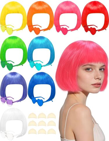 9 قطع شعر مستعار قصير ملون ومجموعة 9 قطع من النظارات الشمسية على شكل قلب، شعر مستعار ملون للنساء للحفلات التنكرية (متعدد الألوان) in Kuwait