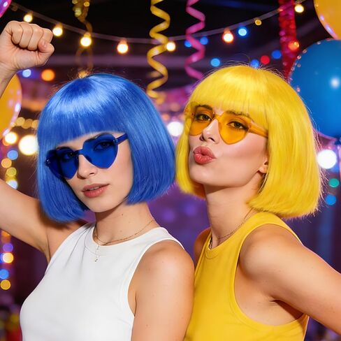 9 قطع شعر مستعار قصير ملون ومجموعة 9 قطع من النظارات الشمسية على شكل قلب، شعر مستعار ملون للنساء للحفلات التنكرية (متعدد الألوان) in Kuwait