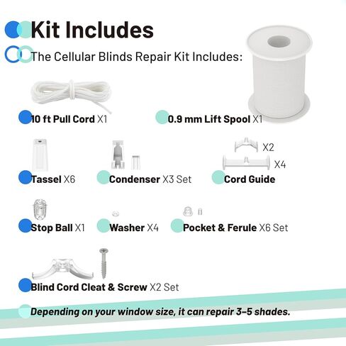 Honeycomb Shade Restring Kit, Cellular Blinds Repair Kit Compatible with Hunter Douglas/Turnils/Alta/Comfortex, Fits for Honeycomb/Cellular Shades, Includes Cord & Hardware (White) in Kuwait