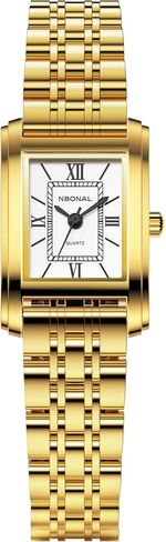 NBONAL Women's Vintage Rectangle Watch, Gold Stainless Steel Band, White Roman Dial, Small Size, Water Resistant in Kuwait