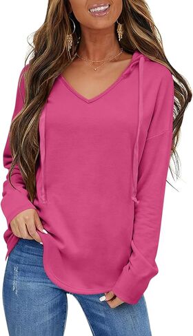 Womens V Neck Hoodies Lightweight Drawstring Sweatshirts Casual Loose Pullover Fall Long Sleeve Hooded Top 2026 in Saudi Arabia
