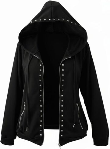 Women's Plus Size Rivet Studded Hoodies Y2k Gothic Grunge Punk Zip Up Long Sleeve Sweatshirt Jacket Streetwear in Saudi Arabia