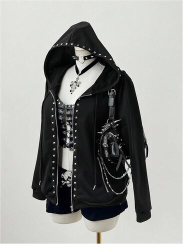 Women's Plus Size Rivet Studded Hoodies Y2k Gothic Grunge Punk Zip Up Long Sleeve Sweatshirt Jacket Streetwear in Saudi Arabia