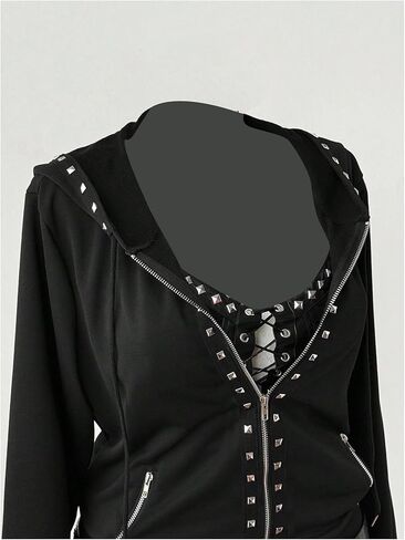 Women's Plus Size Rivet Studded Hoodies Y2k Gothic Grunge Punk Zip Up Long Sleeve Sweatshirt Jacket Streetwear in Saudi Arabia