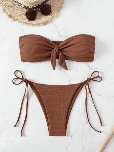 Sexy Bandeau Bikini Set for Women Strapless Tie Front Two Piece Swimsuit Cheeky Side Tie Bottoms Bathing Suit in Saudi Arabia