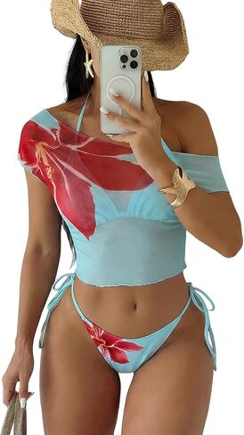 ZAFUL 3pcs Bikini for Women Triangle Halter Bikini Sets with Coverup Tops High Cut 3 Piece Swimsuits Floral Swimwear in Saudi Arabia