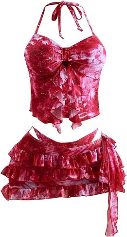 Verdusa Women's 3 Piece Bikini Sets Boho Tie Dye Halter Slit Ruffle Swimsuit with Cover Up Skirt in Saudi Arabia