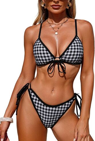 Women's Plaid Bikini Swimsuit Gingham 2 Piece Bathing Suit of Front Tie Push Up Bra High Cut Tie Side Thong 2026 Curvy Bikini in Saudi Arabia