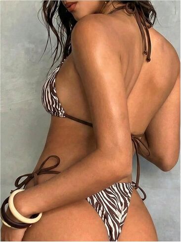 SHENHE Women's Triangle String Bikini Set Beaded Zebra Print Halter Thong 2 Piece Swimsuits in Saudi Arabia