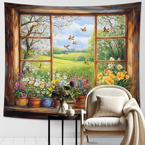Spring Garden Window Tapestry, Sage Green Country Flower Wall Hanging For Nature Landscape Decor, Butterfly And Blue Sky Aesthetic Decorative For Women Living Room And Bedroom Office 50x60 Inch in Saudi Arabia